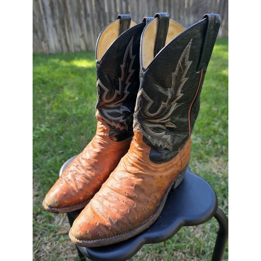 Vintage Full Quill Ostrich Cowboy Boots Cognac Brown Black Leather Western Mens